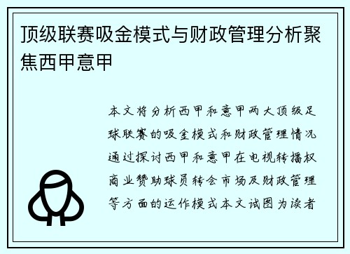 顶级联赛吸金模式与财政管理分析聚焦西甲意甲