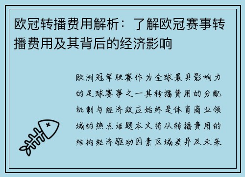 欧冠转播费用解析：了解欧冠赛事转播费用及其背后的经济影响